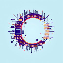 A creative logo designed from binary numbers (0s and 1s) intertwined with computer elements like circuit lines, microchips, and digital screens