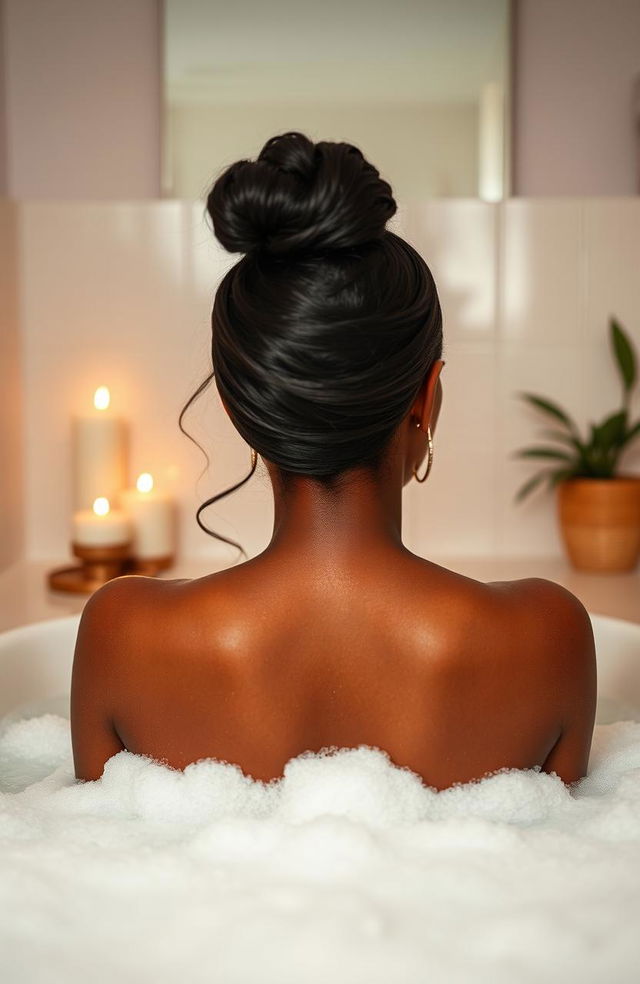A melanin woman enjoying a bubble bath, facing her back to us