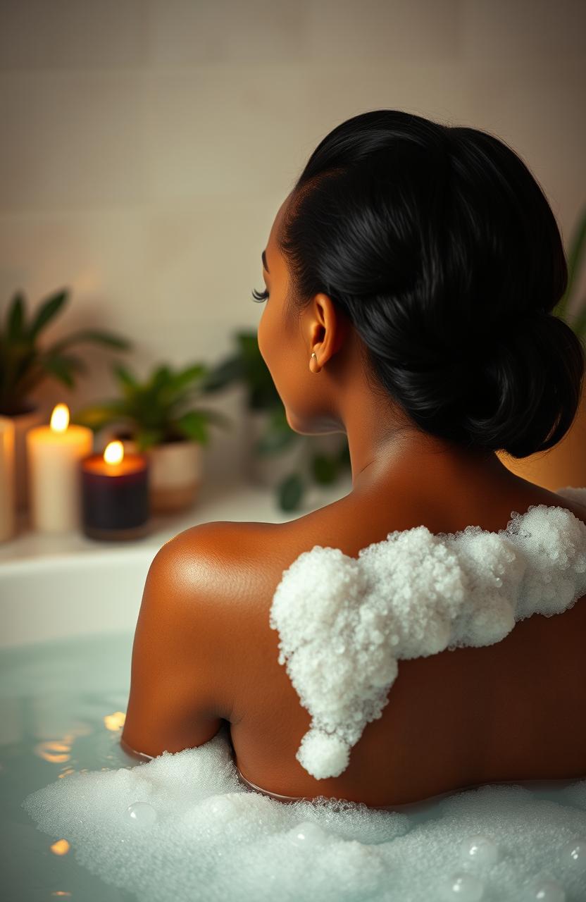 A melanin woman enjoying a bubble bath, facing her back to us