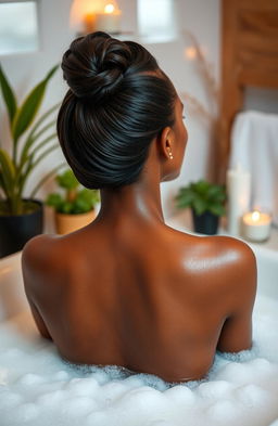 A melanin woman enjoying a bubble bath, facing her back to us