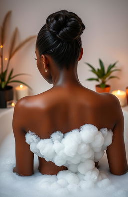 A melanin woman enjoying a bubble bath, facing her back to us