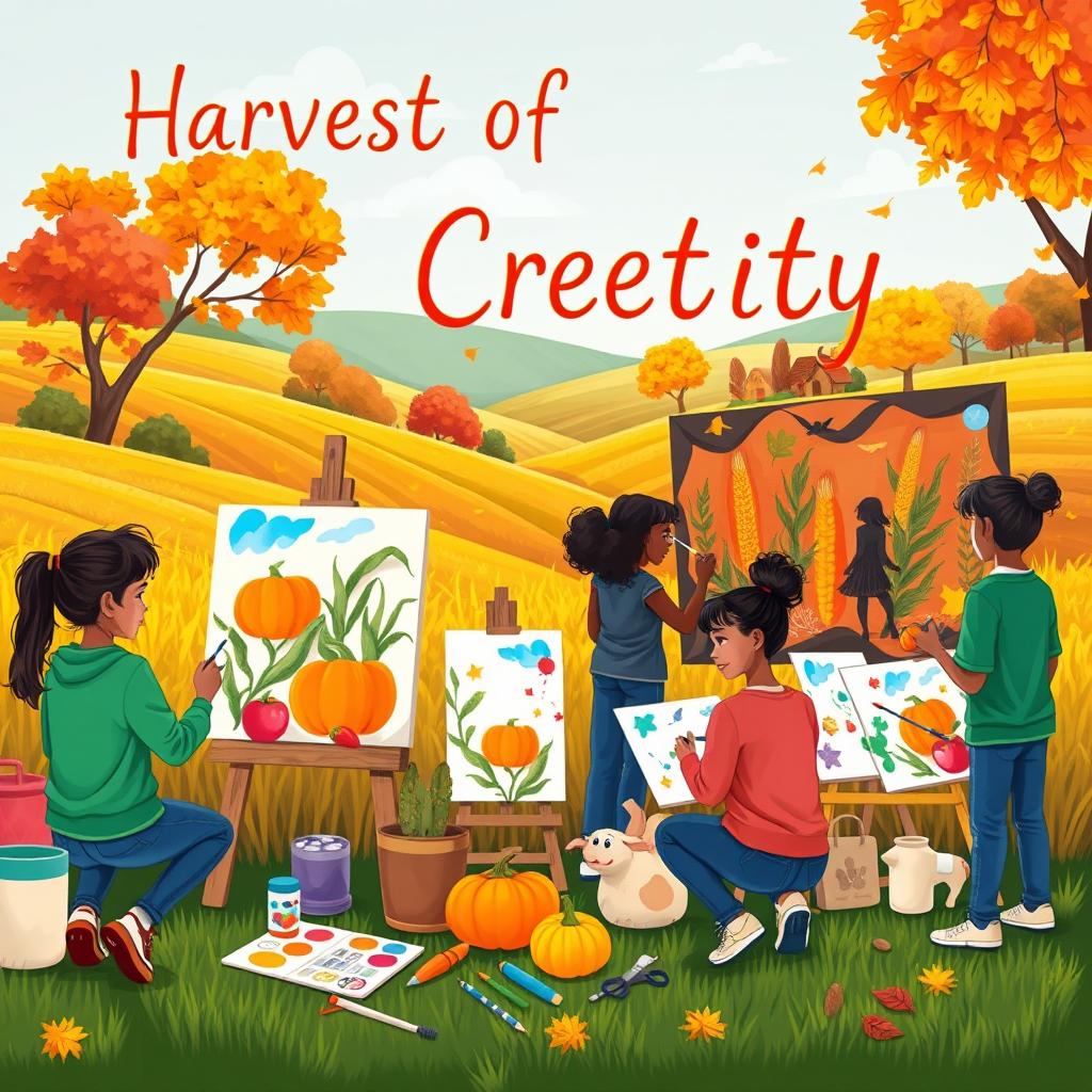 A vibrant and colorful poster featuring a scene of creative students engaged in various art forms, inspired by the theme of 'harvest' and 'art'