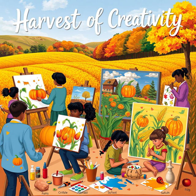 A vibrant and colorful poster featuring a scene of creative students engaged in various art forms, inspired by the theme of 'harvest' and 'art'