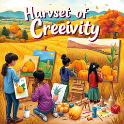 A vibrant and colorful poster featuring a scene of creative students engaged in various art forms, inspired by the theme of 'harvest' and 'art'