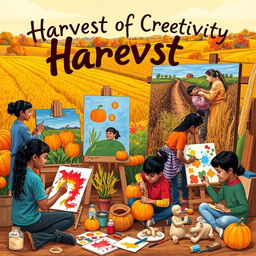 A vibrant and colorful poster featuring a scene of creative students engaged in various art forms, inspired by the theme of 'harvest' and 'art'