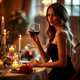 A sophisticated lady elegantly sipping a glass of red wine