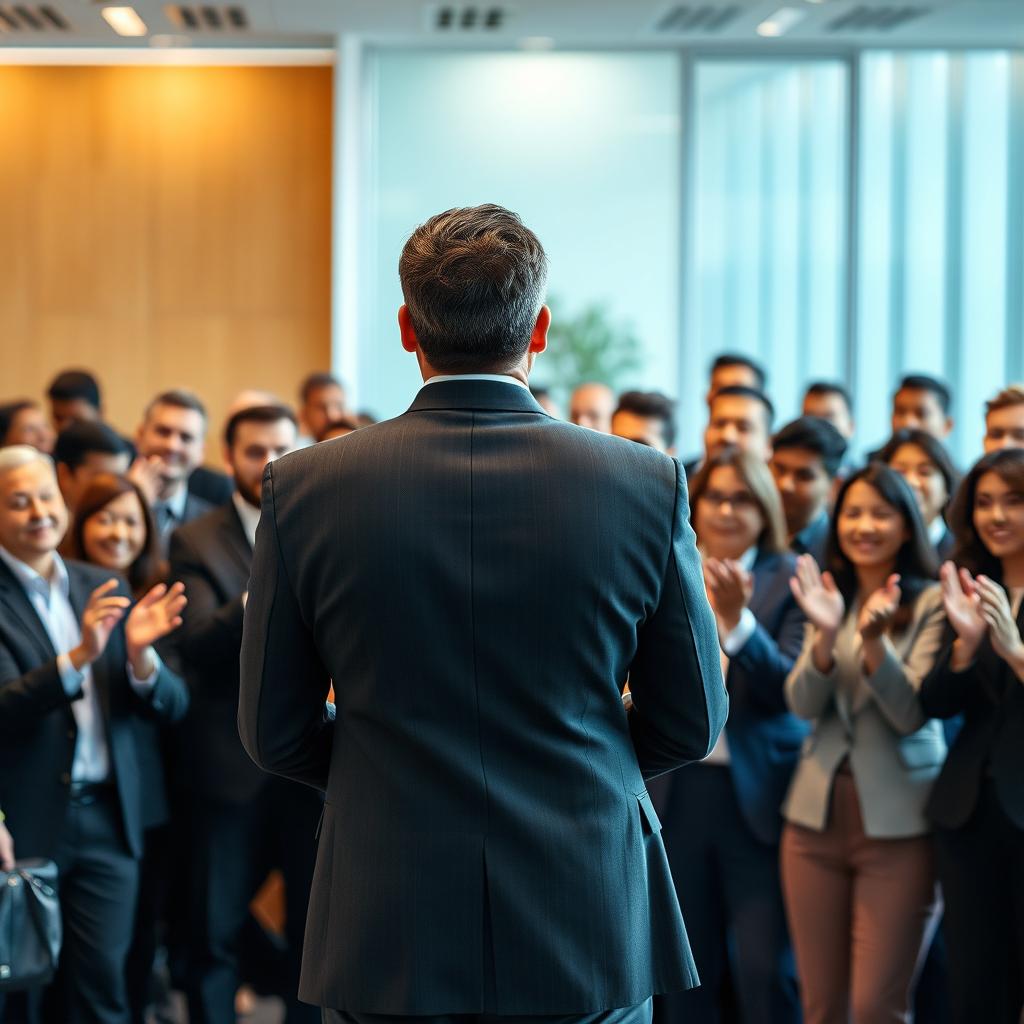 A well-dressed man in a suit seen from behind, standing confidently as he is applauded by a crowd of office workers (Godínez) in business attire