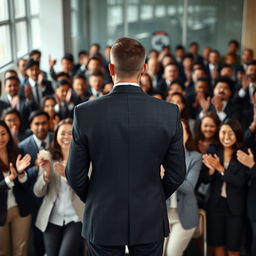 A well-dressed man in a suit seen from behind, standing confidently as he is applauded by a crowd of office workers (Godínez) in business attire