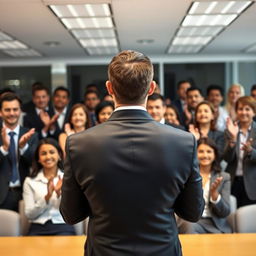 A well-dressed man in a suit seen from behind, standing confidently as he is applauded by a crowd of office workers (Godínez) in business attire