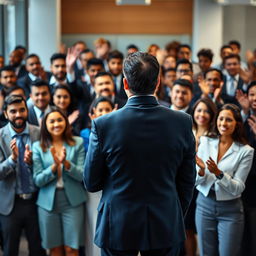A well-dressed man in a suit seen from behind, standing confidently as he is applauded by a crowd of office workers (Godínez) in business attire