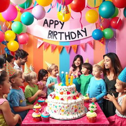 A colorful and festive birthday party scene, with balloons and streamers decorating a vibrant room