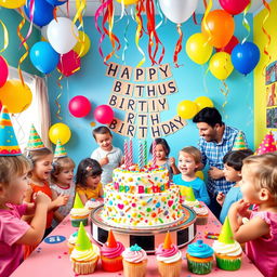 A colorful and festive birthday party scene, with balloons and streamers decorating a vibrant room