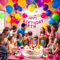 A colorful and festive birthday party scene, with balloons and streamers decorating a vibrant room