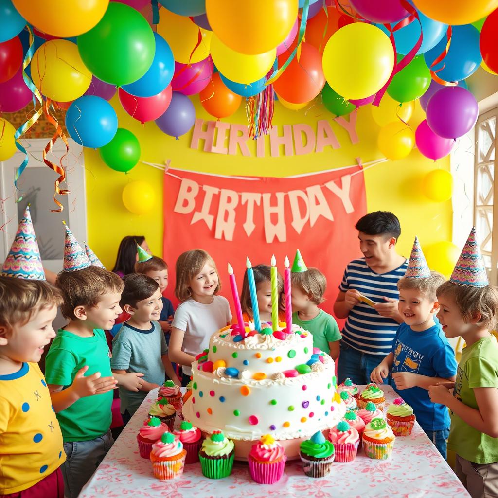A colorful and festive birthday party scene, with balloons and streamers decorating a vibrant room