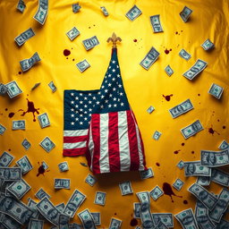 A striking and provocative image featuring a golden background prominently displaying the American flag at the center