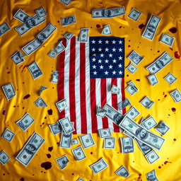 A striking and provocative image featuring a golden background prominently displaying the American flag at the center