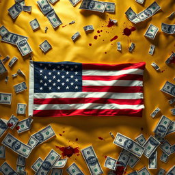 A striking and provocative image featuring a golden background prominently displaying the American flag at the center