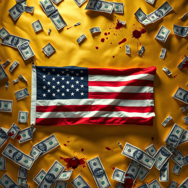 A striking and provocative image featuring a golden background prominently displaying the American flag at the center