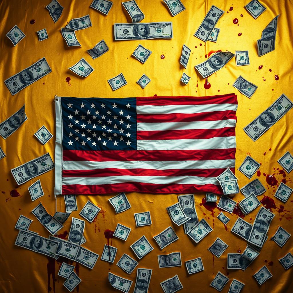 A striking and provocative image featuring a golden background prominently displaying the American flag at the center
