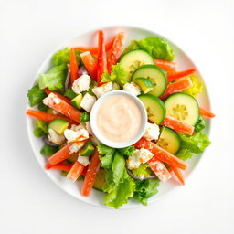 A vibrant and colorful Kani Salad displayed from a top view perspective, showcasing crab sticks, fresh lettuce, avocado slices, cucumber, and a sprinkle of sesame seeds