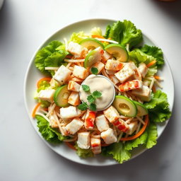 A vibrant and colorful Kani Salad displayed from a top view perspective, showcasing crab sticks, fresh lettuce, avocado slices, cucumber, and a sprinkle of sesame seeds