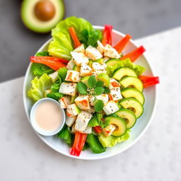 A vibrant and colorful Kani Salad displayed from a top view perspective, showcasing crab sticks, fresh lettuce, avocado slices, cucumber, and a sprinkle of sesame seeds