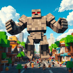 A Minecraft iron golem towering over a bustling city street, its massive figure contrasting against the colorful blocky environment