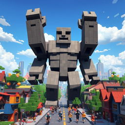 A Minecraft iron golem towering over a bustling city street, its massive figure contrasting against the colorful blocky environment