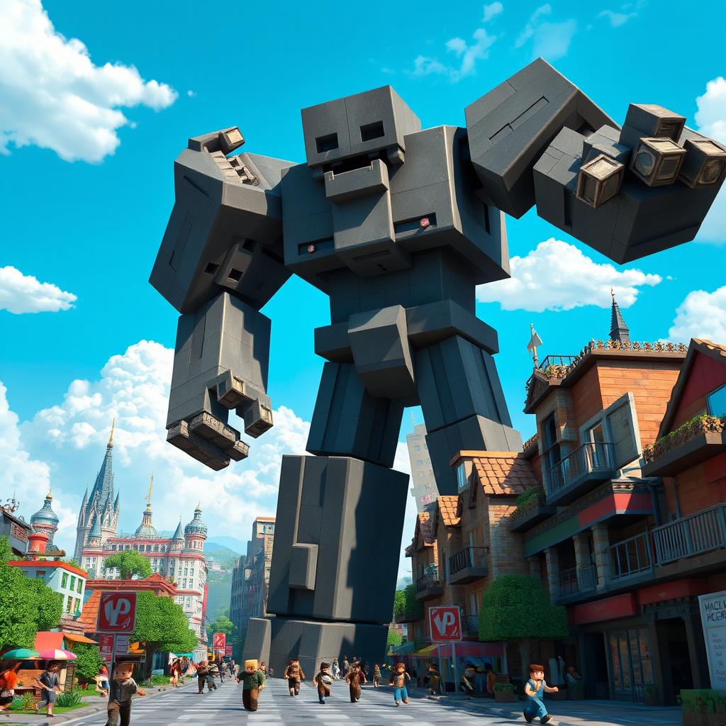 A Minecraft iron golem towering over a bustling city street, its massive figure contrasting against the colorful blocky environment