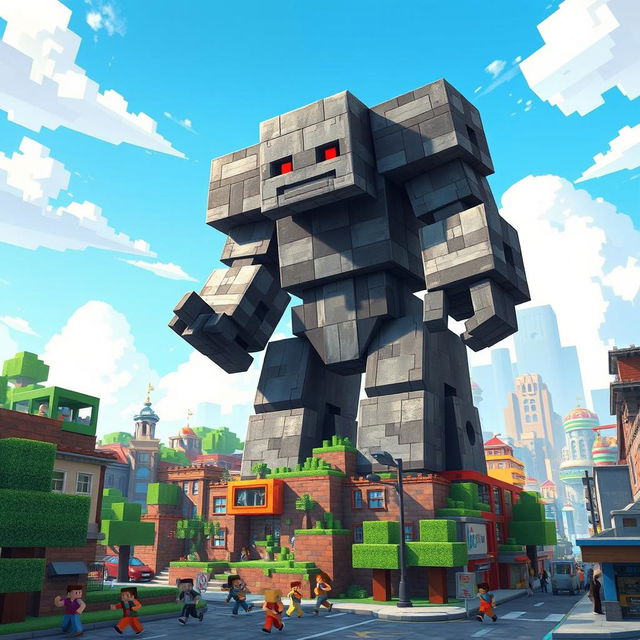 A Minecraft iron golem towering over a bustling city street, its massive figure contrasting against the colorful blocky environment