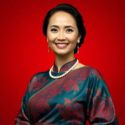An elegant portrait of a woman wearing a traditional batik dress, deeply rich in colors and intricate patterns