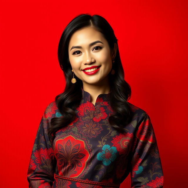 An elegant portrait of a woman wearing a traditional batik dress, deeply rich in colors and intricate patterns
