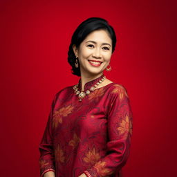 An elegant portrait of a woman wearing a traditional batik dress, deeply rich in colors and intricate patterns