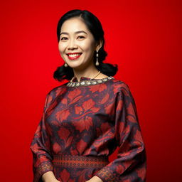 An elegant portrait of a woman wearing a traditional batik dress, deeply rich in colors and intricate patterns