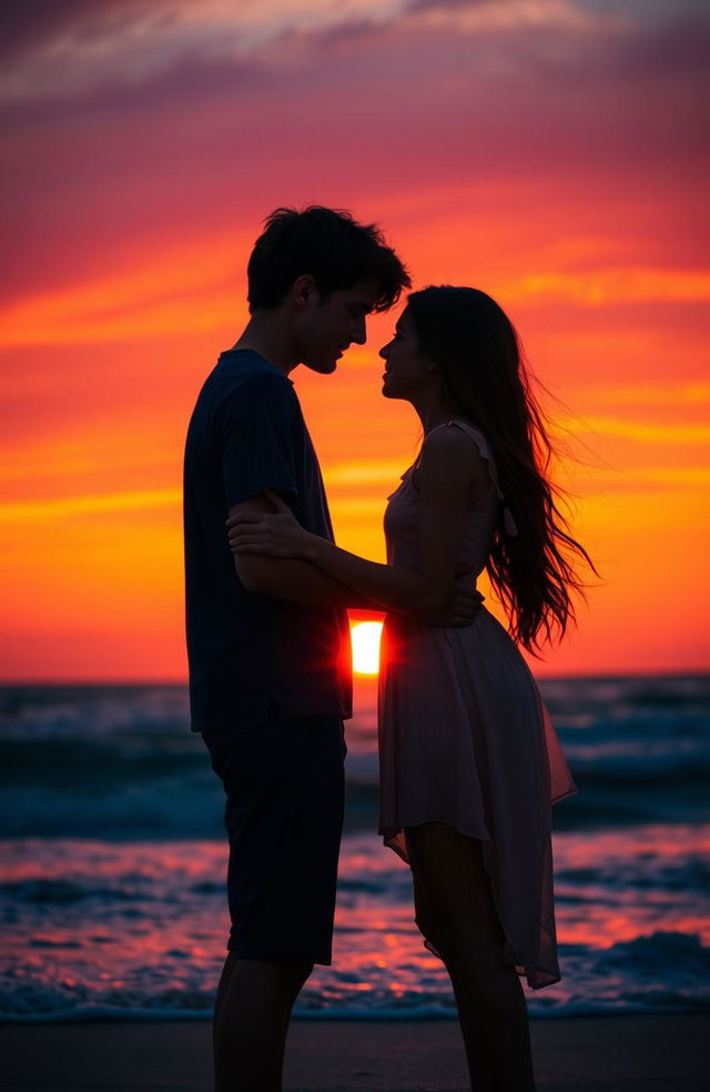A romantic sunset scene featuring a boy and girl embracing each other in a loving pose