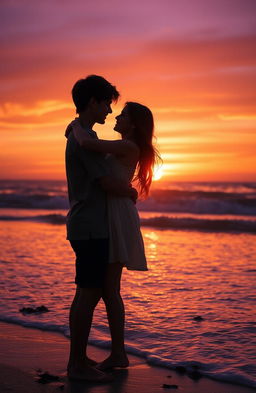 A romantic sunset scene featuring a boy and girl embracing each other in a loving pose