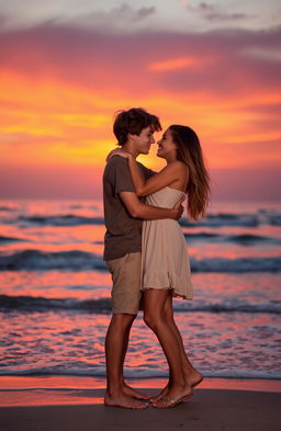 A romantic sunset scene featuring a boy and girl embracing each other in a loving pose