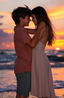 A romantic sunset scene featuring a boy and girl embracing each other in a loving pose