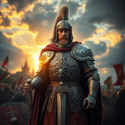 A European medieval soldier, dressed in intricate armor from the Middle Ages, standing confidently with a sword in hand