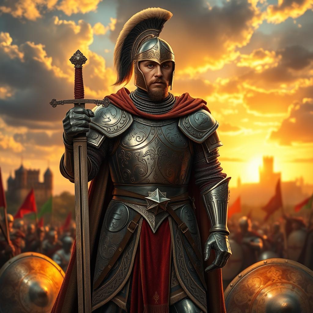 A European medieval soldier, dressed in intricate armor from the Middle Ages, standing confidently with a sword in hand