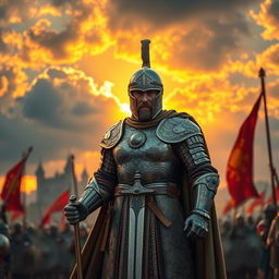 A European medieval soldier, dressed in intricate armor from the Middle Ages, standing confidently with a sword in hand