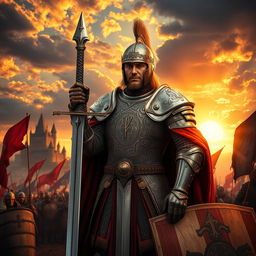 A European medieval soldier, dressed in intricate armor from the Middle Ages, standing confidently with a sword in hand