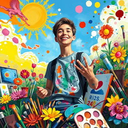 A vibrant and imaginative scene depicting a creative student surrounded by various forms of art, such as paintings, sculptures, and sketches