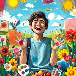 A vibrant and imaginative scene depicting a creative student surrounded by various forms of art, such as paintings, sculptures, and sketches