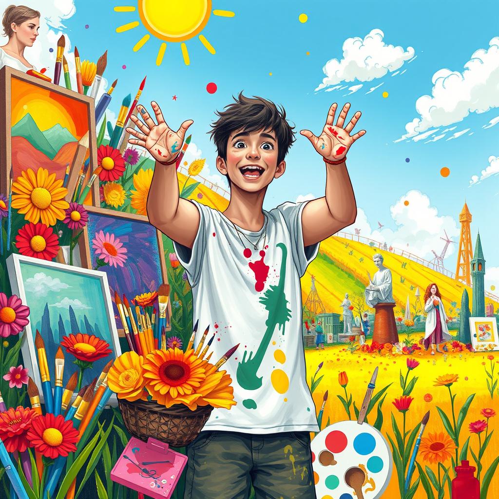 A vibrant and imaginative scene depicting a creative student surrounded by various forms of art, such as paintings, sculptures, and sketches