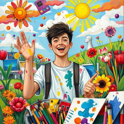 A vibrant and imaginative scene depicting a creative student surrounded by various forms of art, such as paintings, sculptures, and sketches