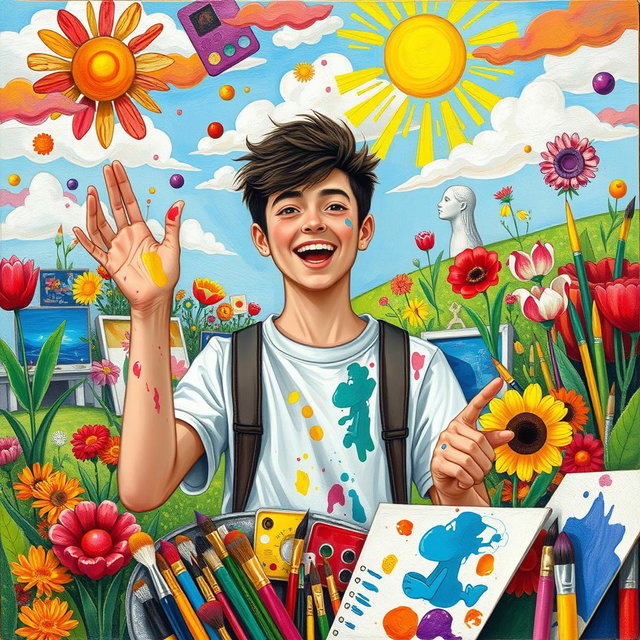 A vibrant and imaginative scene depicting a creative student surrounded by various forms of art, such as paintings, sculptures, and sketches