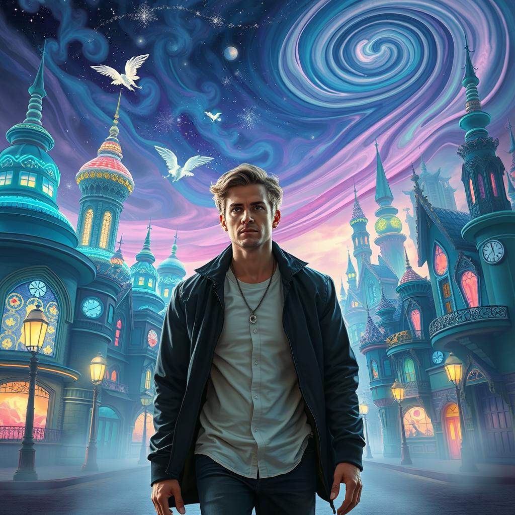 A man walking through a mystical, paranormal city filled with glowing streetlights and surreal architecture