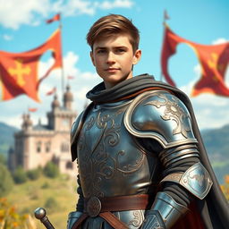 A young European medieval officer, proudly displaying a confident expression