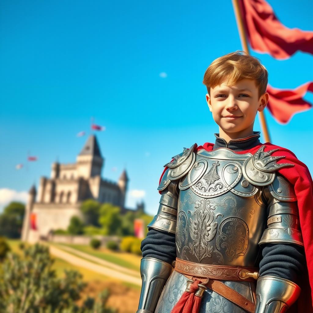 A young European medieval officer, proudly displaying a confident expression